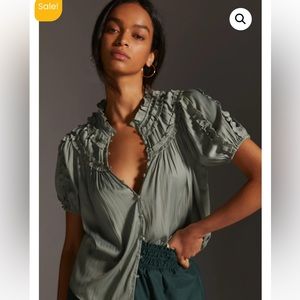 Anthropologie Shirred Short Sleeve Satin blouse. Color is moss and size XS.